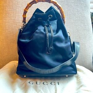 Gucci fabric drawstring with patent leather trim